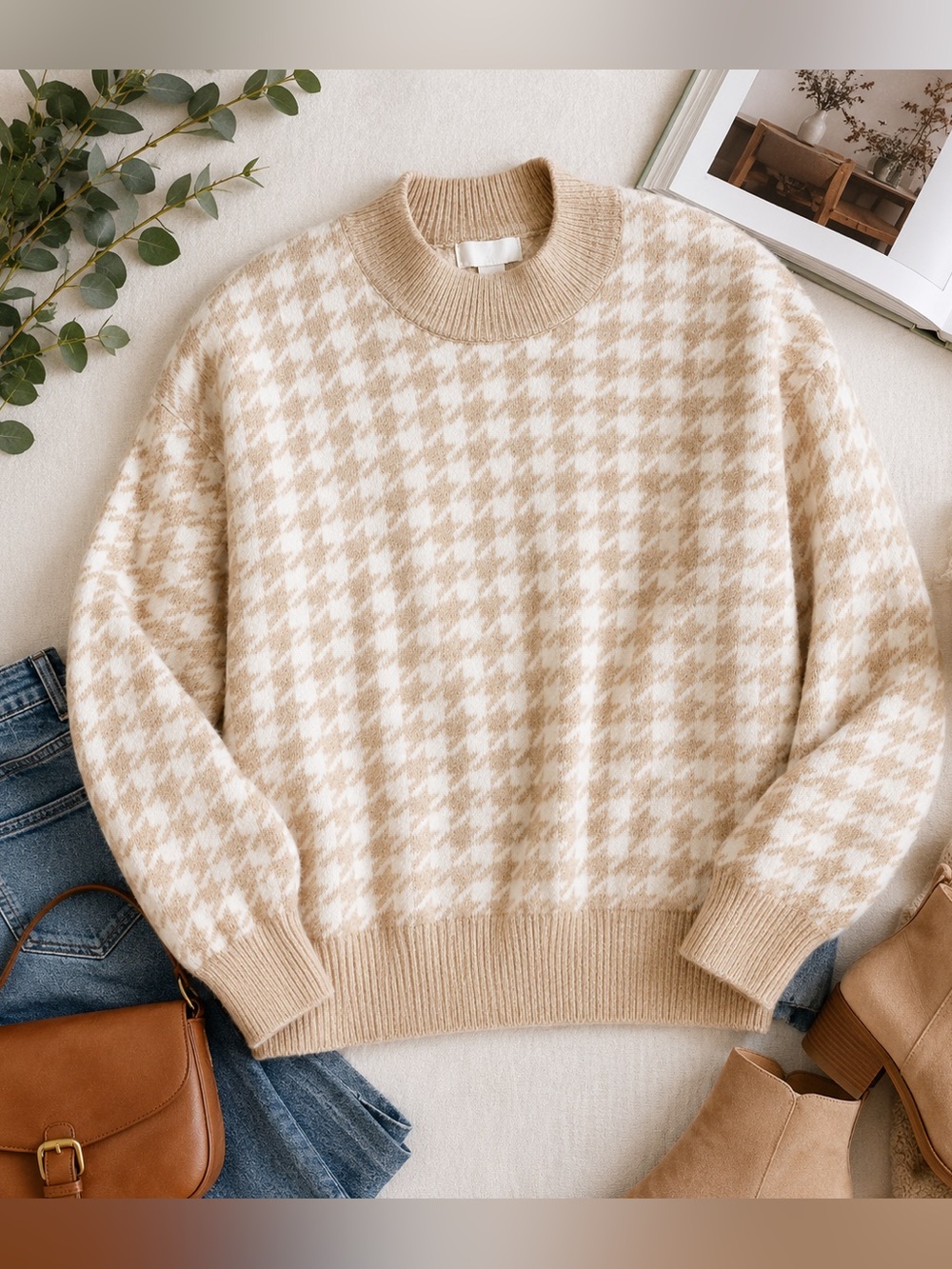 H&M Cream Beige Houndstooth Sweater Mock Neck Soft Knit Pullover Medium NWT